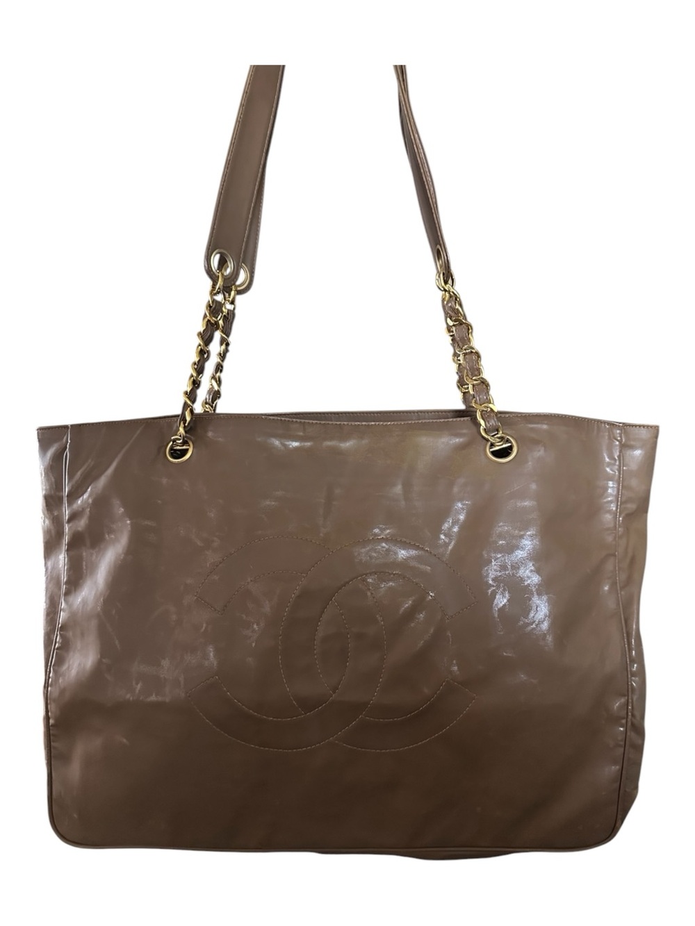 RARE Chanel Vintage XL CC Coated Canvas Chain Tote Brown 3 Series w/Auth Card